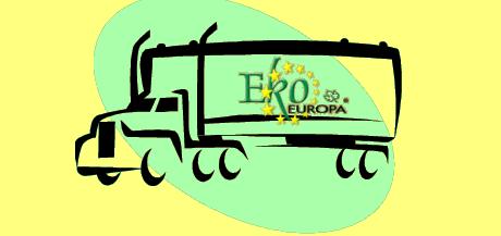 Stylizowany rysunek ciężarówki z napisem 'EKO EUROPA' otoczonym gwiazdami, na tle żółto-zielonym.